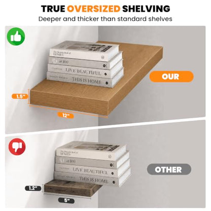 RICHER HOUSE 55 Inch Long Floating Shelves, 12" Deep Wood Wall Shelf, Oak - color: Oak, size: 55in