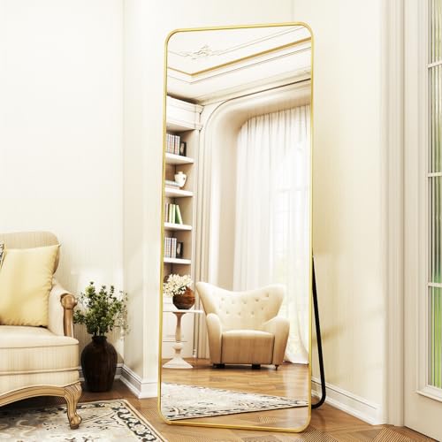 XRAMFY Full Length Mirror 23"x66", Large Floor Mirror with Rectangle Rounded Corners, Gold Aluminum Alloy Frame, Wall Mirror for Full Body - color: Gold, size: 66"L x 23"W