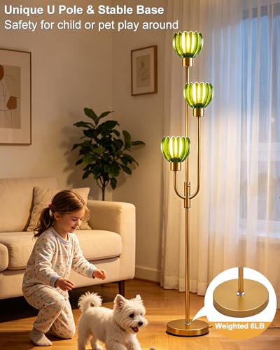 Modern Glass Floor Lamp 66IN 3-Light Green Glass Gold Dimmable Floor Lamps - color: Green Lotus-Gold