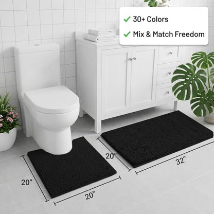 Bathroom Rugs Sets 2 Piece,Super Absorbent Chenille Bath Mats and U-Shaped Toilet Rug,Strong PVC Non Slip Backing,Microfiber Washable Dry Quickly Bath Mats for Bathroom(20"x32"+20"x20"U, Black) - color: Black