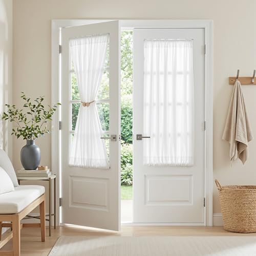 MYSKY HOME White French Door Curtains for Door Window 40 Inch Length 2 Panels Semi Sheer Light Filtering Curtain for Glass Small Window Drapes Rod Pocket for Bedroom Bathroom, Pure White, 26" Wide - color: Pure White, size: 26"W x 40"L (Pack of 2)