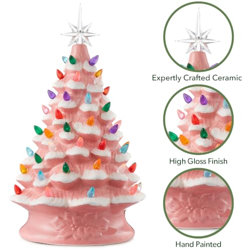 Casafield Hand Painted Ceramic Christmas Tree, Pink Snow Flocked 15-Inch Pre-Lit Tree with 128 Multi Color Lights and 2 Star Toppers - color: Pink Snow Flocked