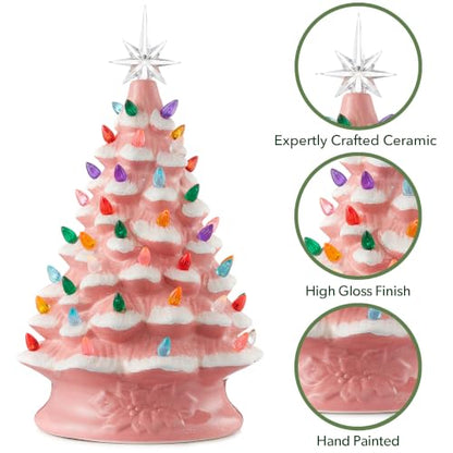 Casafield Hand Painted Ceramic Christmas Tree, Pink Snow Flocked 15-Inch Pre-Lit Tree with 128 Multi Color Lights and 2 Star Toppers - color: Pink Snow Flocked