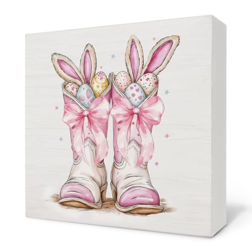 Howdy Pink Western Easter Bunny Eggs Wooden Box Sign, Cowgirl Room Decor, Funny Easter Cowgirl Boots Wood Block Signs for Girls Room Dorm Apartment Desk Table Shelf Decor, 5x5 Inch - color: Western 01