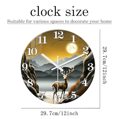 XNM 12 Inch Deer Glass Wall Clocks Battery Operated - color: Brown3, size: 12 Inch