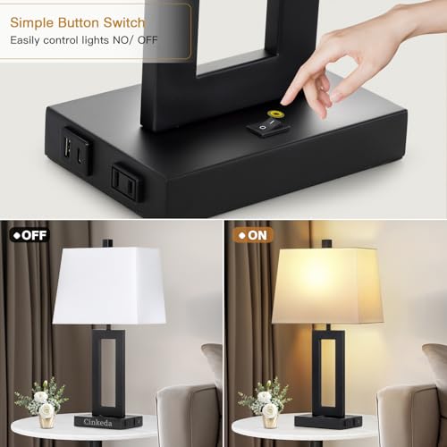 Cinkeda Black Bedside Table Lamp Set of 2,Nightstand Lamps with USB Ports - color: A.White&Black