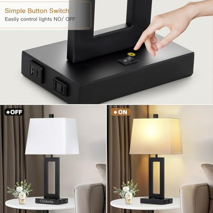 Cinkeda Black Bedside Table Lamp Set of 2,Nightstand Lamps with USB Ports - color: A.White&Black