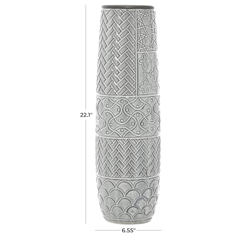 Deco 79 Ceramic Decorative Vase Slim Engraved Patterned Centerpiece Vase, Flower Vase for Home Decoration 7" x 7" x 22", Gray - size: 7" x 7" x 22"