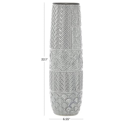 Deco 79 Ceramic Decorative Vase Slim Engraved Patterned Centerpiece Vase, Flower Vase for Home Decoration 7" x 7" x 22", Gray - size: 7" x 7" x 22"