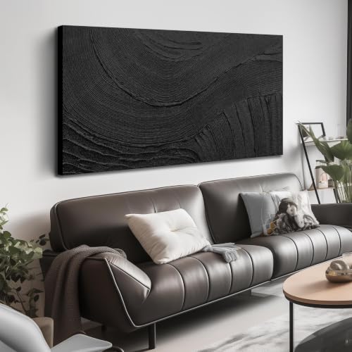 Hand-Painted Minimalist Textured Abstract Black Wall Art for Living Room - color: B&W, size: 47"L x 24"W