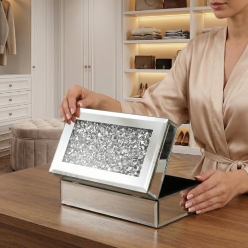 Luxury Silver Crushed Diamond Glass Mirrored Jewelry Organizer Box Storage - color: silver diamond