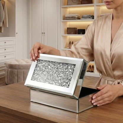 Luxury Silver Crushed Diamond Glass Mirrored Jewelry Organizer Box Storage - color: silver diamond