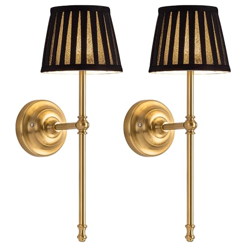 KDG Gold Cordless Wall Sconces Set of 2, Black Fabric LED Wall Lamps - color: Gold + Black Lampshde (2 Pack)