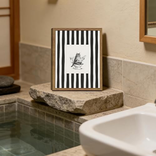 Framed Vintage Bathroom Cat Canvas Wall Art, Funny Black Sketch Cat Reading Newspaper on Toilet Print, Black White Striped Modern Artwork, Humorous Wall Decor for Bathroom Restroom Bedroom 8x10in - color: Black Cat on Toilet, size: 10"L x 8"W