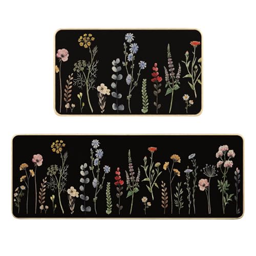 Flowers Spring Kitchen Mats for Floor,Florals Kitchen Rug Set of 2 Washable Floor Mats Non Slip Rubber Rugs Runner Comfort Standing Mat,Vintage Floral Rugs Runners for Sink,Desk,17x29+17x47 inch,Black - color: Black Blue Green