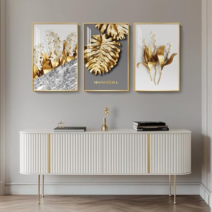 Large Framed Modern Luxury Gold Wall Art for Living Room, 3 Piece 24x36 In - color: Golden Flower Leaves, size: 24" W x 36" H x 3 pieces