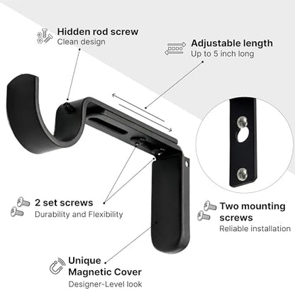 Adjustable Curtain Rod Brackets for Wall 5 inch, Heavy Duty, 2 Pack, Black - color: Black - Set of 2
