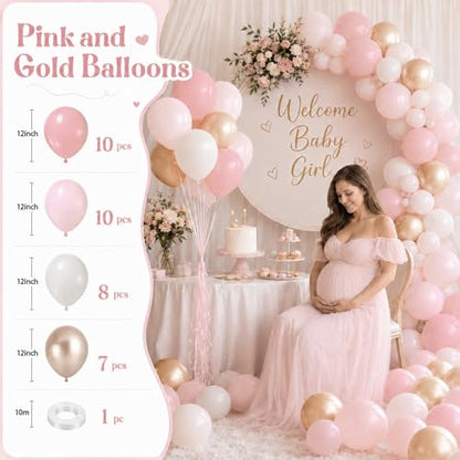Pink and Gold Balloons, 12 Inch Pastel Light Pink and Pearl Sand White Latex Balloon with Metallic Champagne Gold Beige Balloon for Boho Princess Women Birthday Baby Bridal Shower Wedding Engagement - color: Baby Pink White Gold