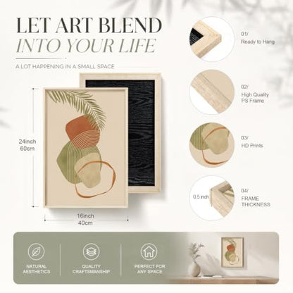 HOURIA Terracotta Sage Green Palm Leaf Framed Canvas Wall Art Set-16"x24"x3 - color: Boho Botanical Wall Art, size: 16"L x 24"W