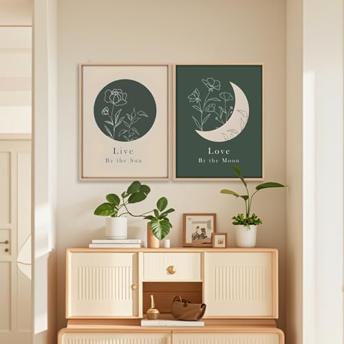 KBCXOY Sage Green Boho Sun and Moon Wall Art Bedroom Moon Phase Prints - color: Sun and Moon, size: 12 x 16 inches