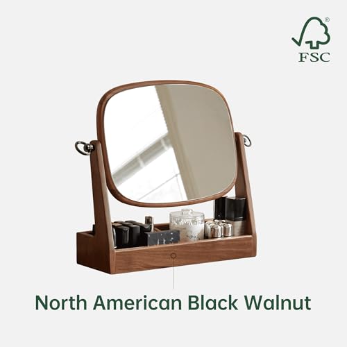 YESWOOD Vanity Makeup Mirror Tabletop with North America Black Walnut Stand, 360 Degree Swivel Magnifying Mirror with Storage for Bathroom or Bedroom, 16inch