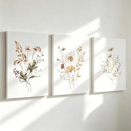 Framed Wildflower Canvas Wall Art Set of 3 Neutral Botanical Prints, Beige Minimalist Floral Wall Decor, Cottagecore Nature Flower Pictures for Bedroom, 12x16 Ready to Hang - color: Neutral Botanical, size: 12x16 Canvas