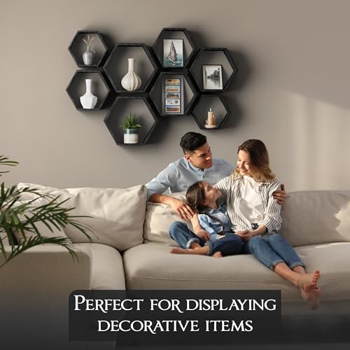 Hexagon Floating Shelves Set of 8 Honeycomb Shelves for Wall, Wooden Hexagon Shelves for Farmhouse Storage - color: Carbonized Black