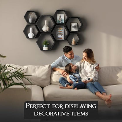 Hexagon Floating Shelves Set of 8 Honeycomb Shelves for Wall, Wooden Hexagon Shelves for Farmhouse Storage - color: Carbonized Black