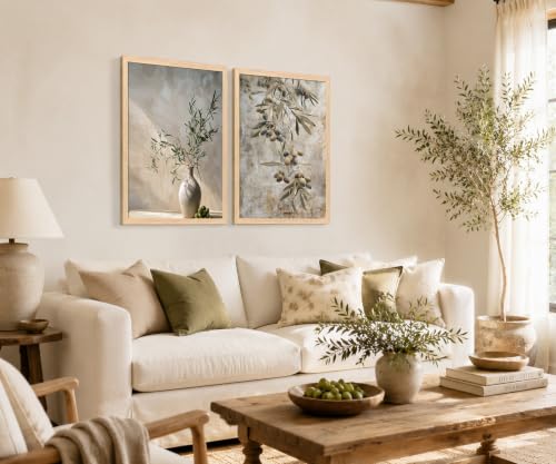Vintage Olive Tree Wall Art Set of 2, Modern Neutral Botanical Canvas Print - color: Green olive tree, size: 12x16 Inches