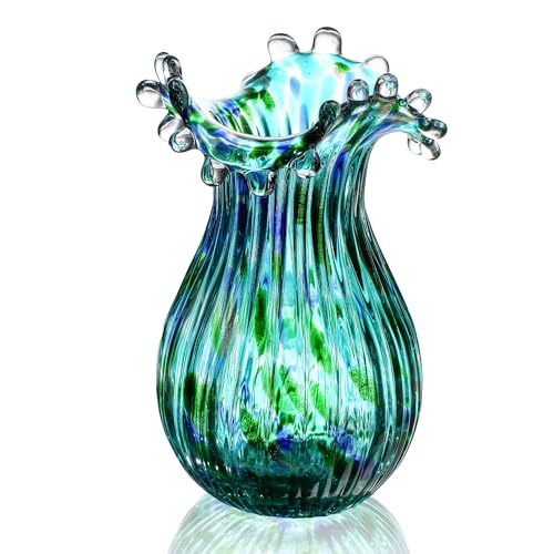Green Glass Bubble Vase for Flowers, 8.5" Blown Glass Vase for Home Decor - color: Green Bubble