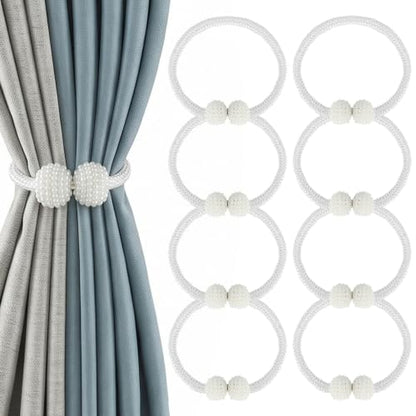 8 Pack Magnetic Curtain Tiebacks with Pearls,Modern Curtain Holdbacks Strap - color: White