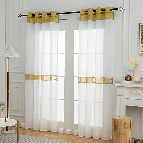 L.Z.E Gold and White Sheer Curtains 72 Inch Length 2 Panels Set for Living Room Bedroom, White See-Through Curtains with Tiebacks Grommet Top Curtain & Drapes (56" W x 72" L Gold) - color: Gold, size: 56"W x 72"L (Pack of 2)