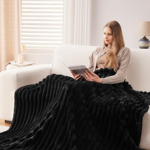 NEWCOSPLAY Fleece Ribbed Cozy Throw Blanket for Couch, Black, 50"x60" - color: Black Ribbed, size: Throw(50"x60")