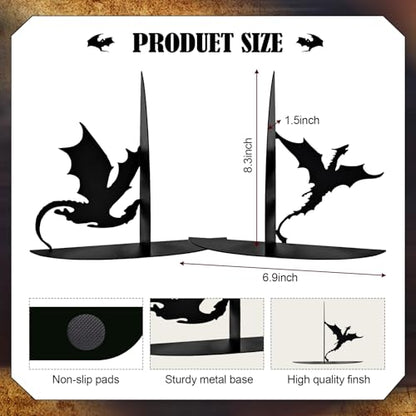 Metal Dragon Bookends Fantasy Book Holder Cool Dragon Book Ends Decorative - color: Black