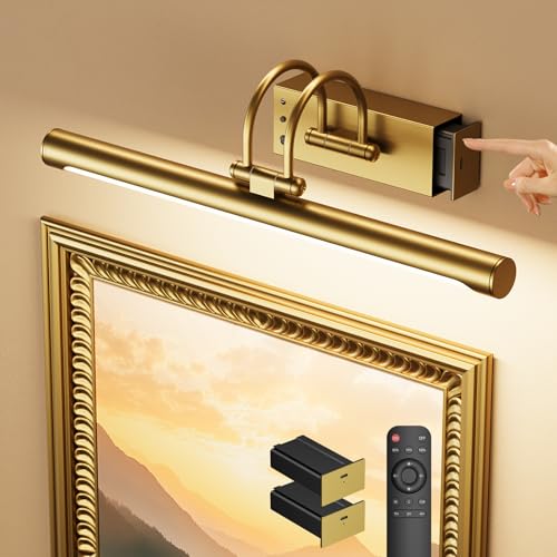 Battery Operated Picture Light with Remote, 15.7″ Wireless Wall Light for Artwork & Frames, Rechargeable LED Gallery Lamp, Dimmable with Timer, Adjustable Metal Design, Electroplated Gold Finish - color: Battery Operated-Brass, size: 15.7 Inch