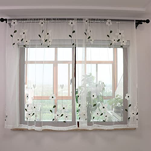 SLOW SOUL Set of 2 Panels White Magnolia Flower Embroidered Sheer Curtains for Bedroom Living Dining Room Window Treatments Drapes Villa Lace Curtain Voile Rod Pocket White 52W X 63 inch Length - size: 52"W x 63"L (Pack of 2)