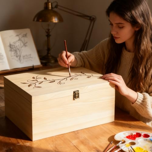 YAYODS Wooden Box with Hinged Lid, 13.7 x 9.8 x 6.7 Inch Large Wood Storage Box, Unfinished Wooden Keepsake Box for Crafts Art and DIY Hobbies, Jewelry, and Home Storage