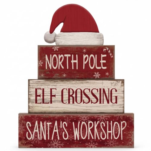 Moucuny 4 Pcs Christmas Elf Table Decorations Wooden Santa Hat Block Signs - style: Santa's Workshop