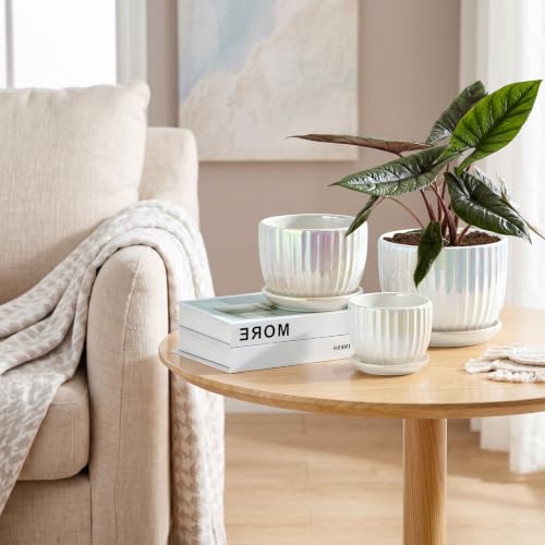 Plant Pots,Ceramic Flower Pots with Drainage Holes & Saucer Set of 3（Pearl） - color: Pearl White