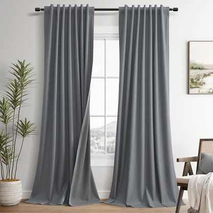 Guken Grey Linen 100% Blackout Curtains for Bedroom 102 Inches Long Back Tab Hook Belt Textured Elegant Black Out Room Darkening Thermal Insulated Soundproof Drapes Living Room 2 Panels Set 52x102 - color: Grey, size: 52"W x 102"L (Pack of 2)