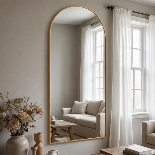 Antok 71" x 26" Arched Full Length Floor Mirror, Aluminum Frame, Gold - color: Gold, size: 71"L x 26"W