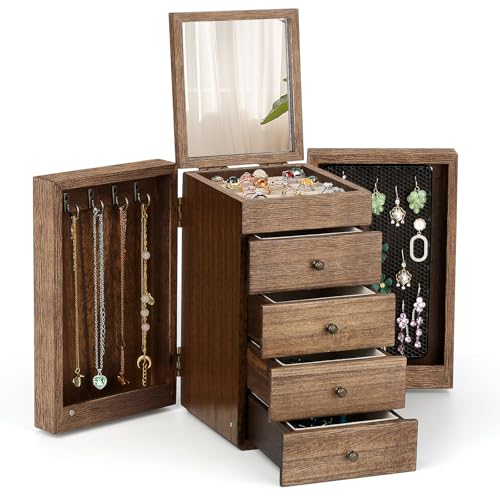 Meangood Jewelry Box Wood for Women, 5-Layer Large Organizer Box with Mirror & 4 Drawers for Rings, Earrings, Necklaces, Walnut - color: Walnut, size: 4-Drawer