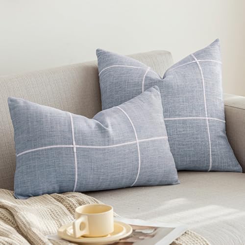 vctops Rustic Lattice Cotton Linen Decorative Throw Pillow Cover Embroidery Square Cushion Cover Pillowcase for Sofa Bedroom Couch (Plaid Blue, 18"x18") - color: Plaid Blue, size: 18" x 18" (Pack of 1)