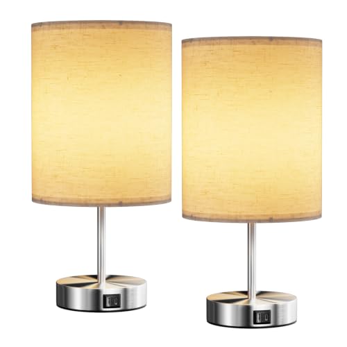 Set of 2 Touch-Controlled Desk Lamps, Compatible with Type C and USB A Ports, with Three Adjustable Brightness Levels for Bedside Lamps, Including Two Bulbs - color: Oatmeal
