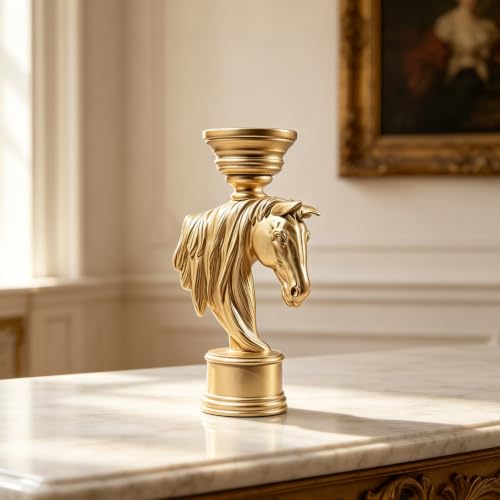 Golden Horse Head Candle Holder 12 Inch – Equestrian Gold Stallion Statue Pillar Candle Stand - color: Gold Horse