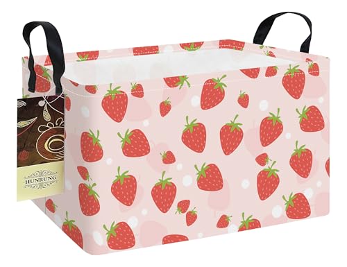 Rectangle Foldable Storage Basket Handles For Home, Pink Strawberry - color: REC-Pink Strawberry