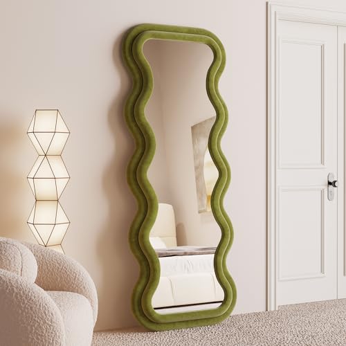 BOJOY Full Length Mirror 63"x24", Irregular Wavy Mirror, Arched Floor Mirror, Wall Mirror Standing Hanging or Leaning Against Wall for Bedroom, Flannel Wrapped Wooden Frame Mirror -Green - color: Green
