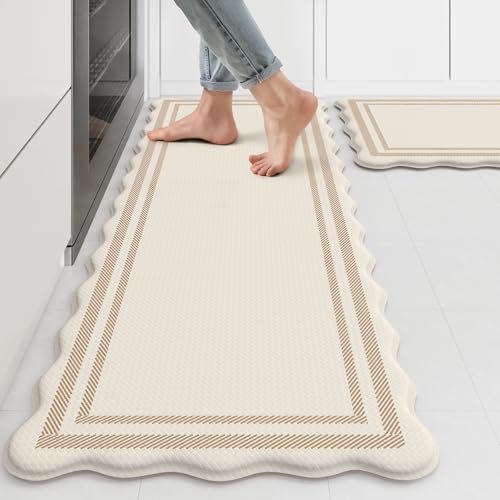 KIMODE Anti Fatigue Kitchen Mats, Beige Scalloped Rugs for Kitchen Floor - color: Beige, size: 17.3" x 47"+17.3" x 29"--0.47 inches