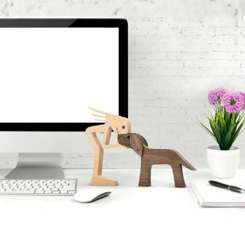 Unique Gift Hand Carved Wood Human Statue Figurine Sculpture Home Office Decor, Wooden Man Dog Carving Model to Remember Friendship Between Dog and People - color: B