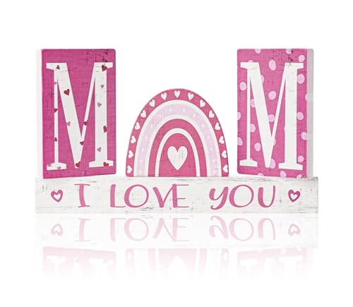 Smile 4 Pcs Wooden Decor Mother's day Indoor Decorations, Mom I Love You Heart - Shaped, Pink Table Centerpieces for Home Kitchen - style: Mom